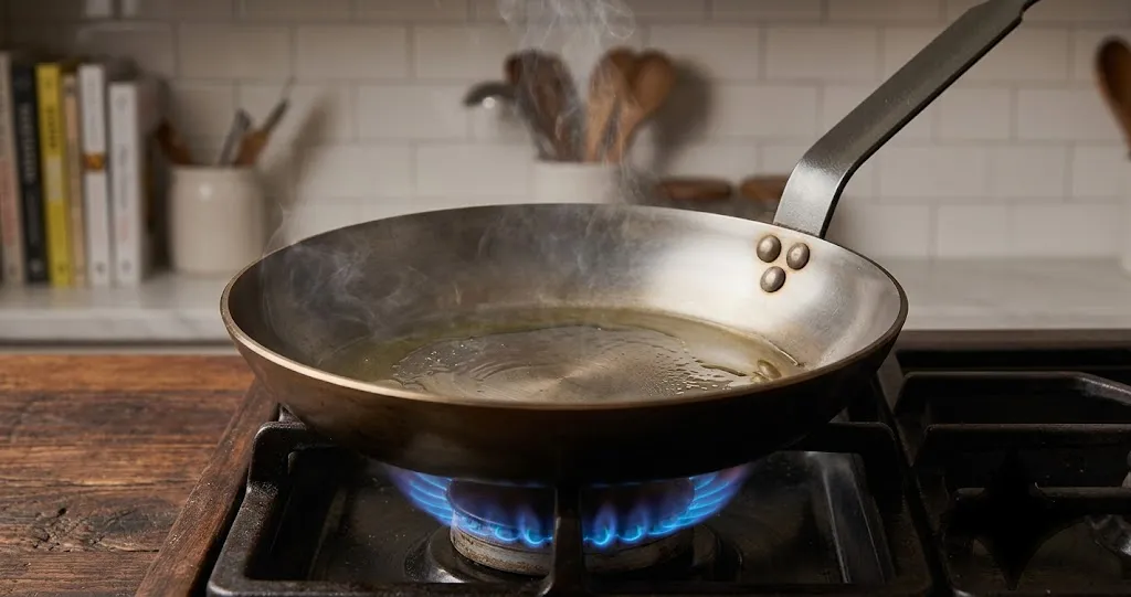 Carbon steel skillet heating quickly on a gas stove with shimmering oil