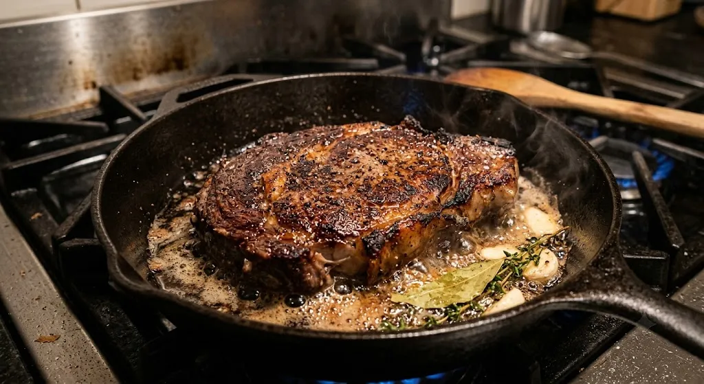 Thick steak searing in cast iron skillet with deep brown crust