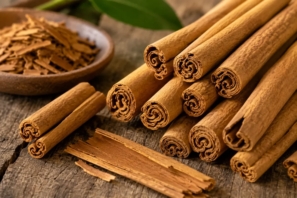 Ceylon cinnamon quills showing thin multi-layered papery scrolls