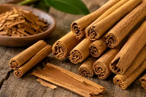 Ceylon cinnamon quills showing thin multi-layered papery scrolls