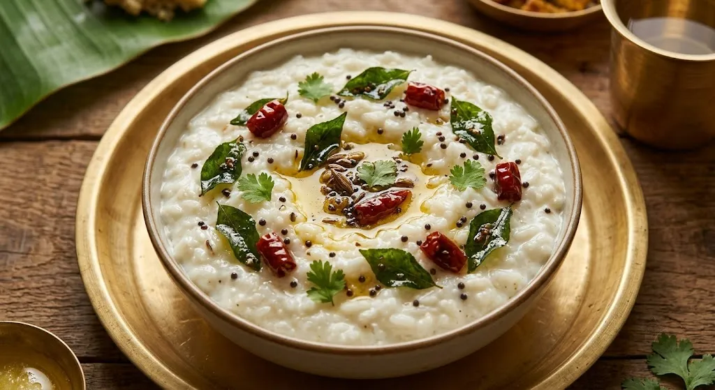 Creamy curd rice topped with mustard seeds curry leaves and red chilies