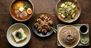 Collection of Japanese regional dishes including Hokkaido ramen and Okinawan goya champuru