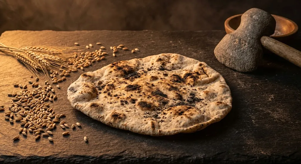 Ancient flatbread on stone with wild barley and einkorn grains