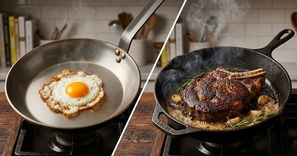 Carbon steel skillet with fried egg and cast iron skillet with seared steak comparing cookware performance
