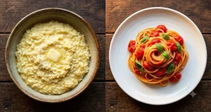 Northern Italian risotto and southern Italian pasta side by side comparison