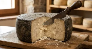 Aged Pecorino Romano cheese wheel being cut open revealing crumbly interior