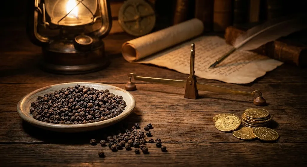 Black peppercorns and gold coins on a dark wooden surface with a balance scale representing the worth its weight in gold myth