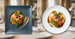 Split comparison of same dish on square plate and round plate showing design versus function
