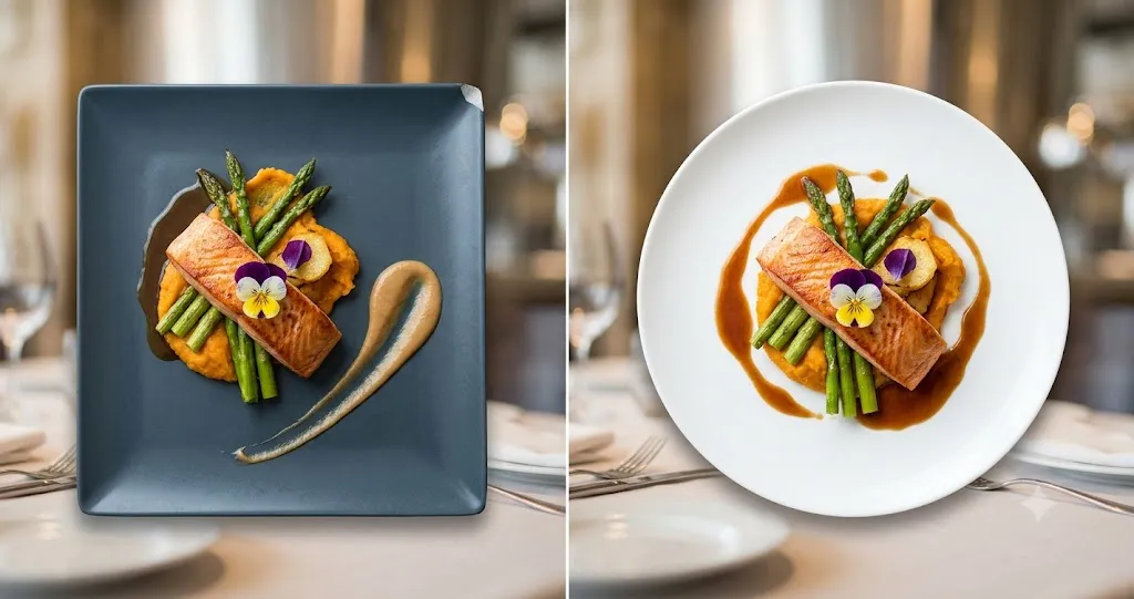 Split comparison of same dish on square plate and round plate showing design versus function