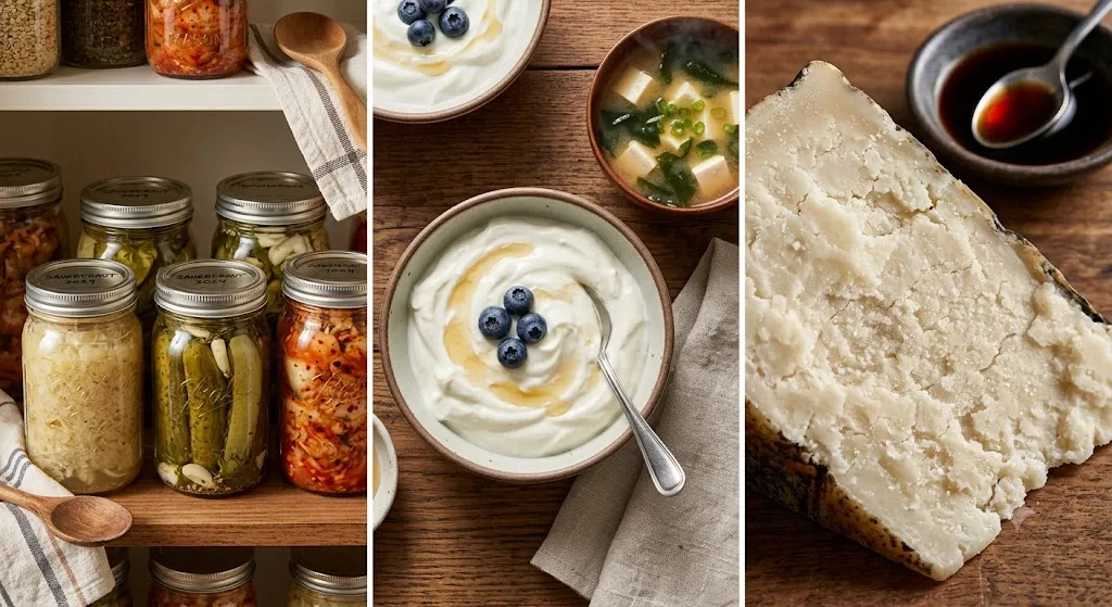 Three images showing fermented food benefits preservation digestibility and umami flavor