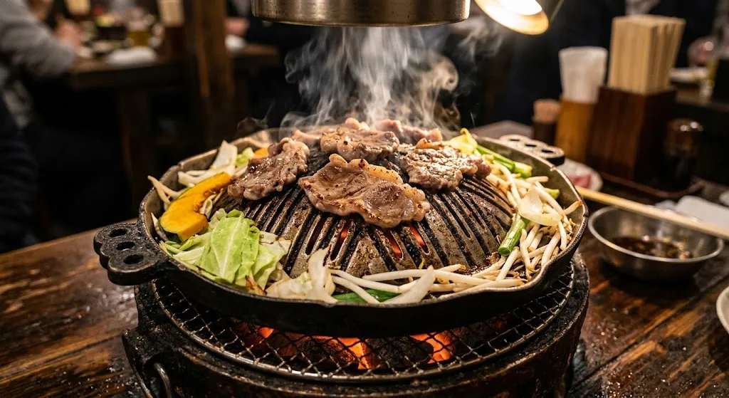 Jingisukan grilled lamb cooking on dome-shaped skillet in Hokkaido style