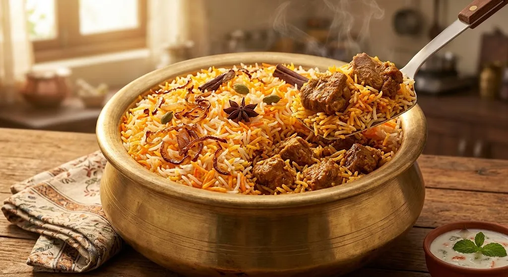 Layered Hyderabadi biryani in a pot with saffron rice and meat visible