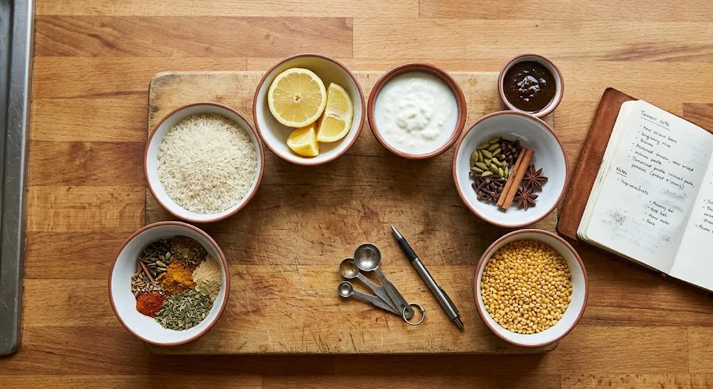 Seven bowls of ingredients for different Indian rice dishes arranged on a countertop