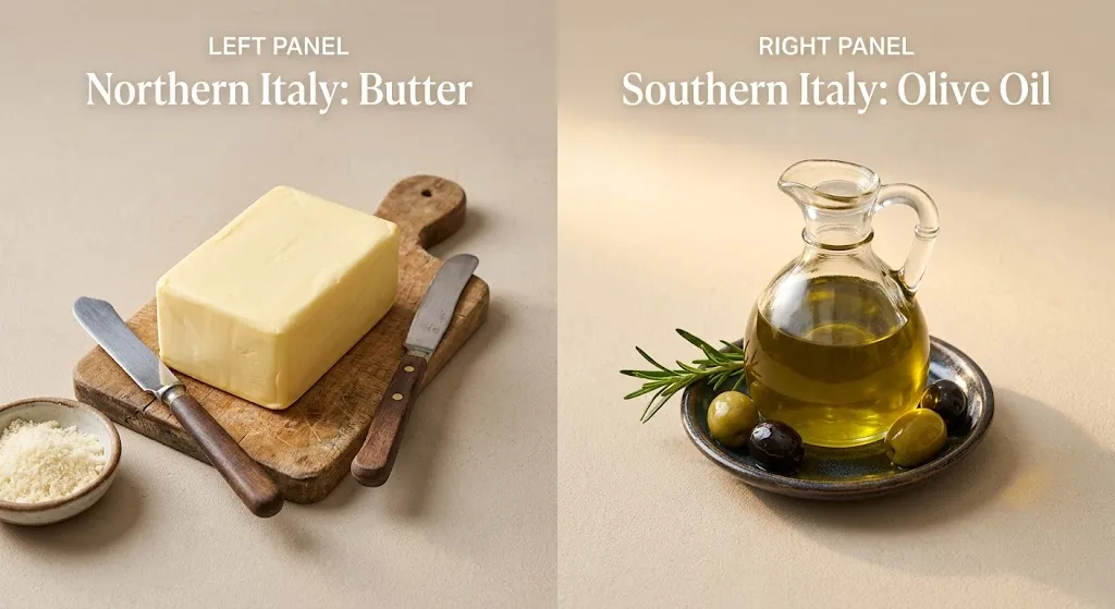 Comparison of northern Italian butter and southern Italian olive oil
