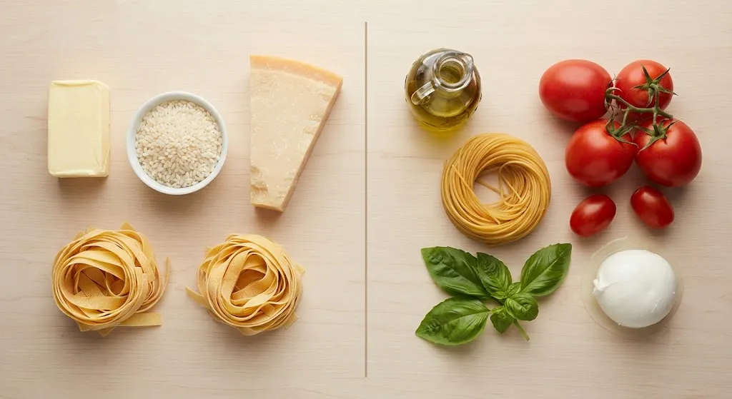Flat lay of northern Italian butter and rice vs southern olive oil and tomatoes