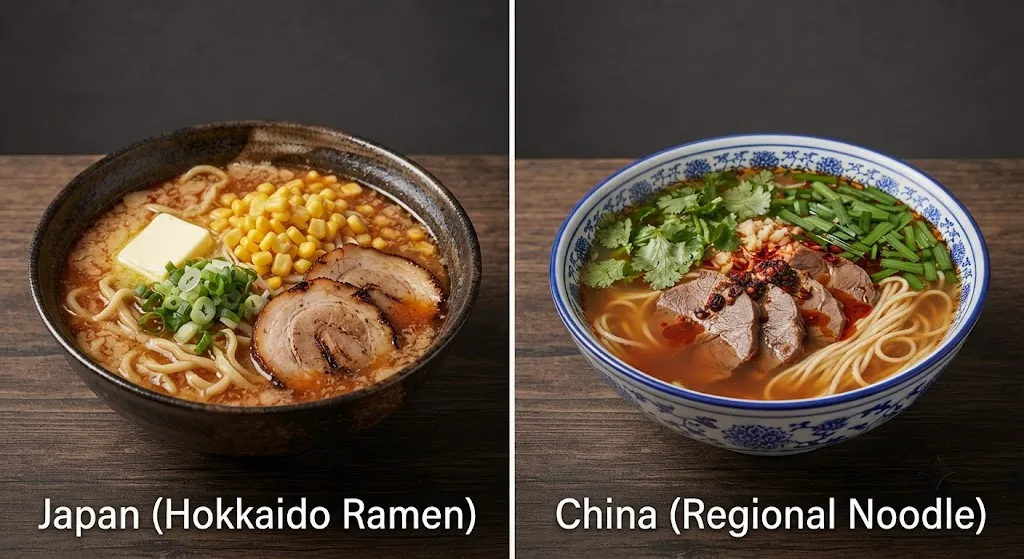 Comparison of Hokkaido miso ramen and Chinese regional noodle soup