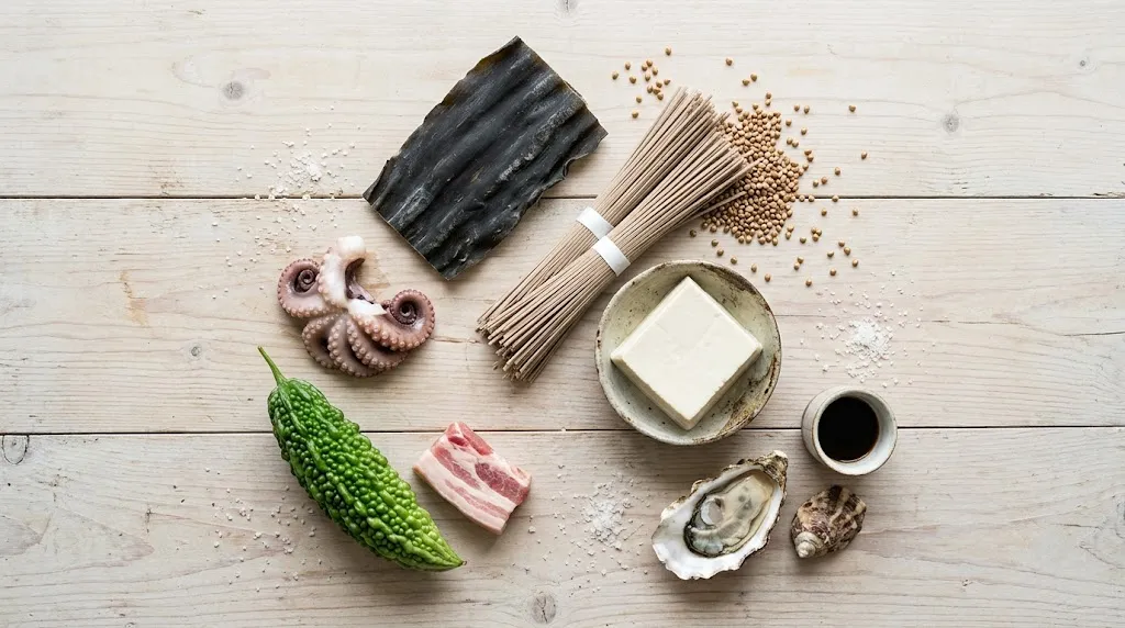 Flat lay of key Japanese regional ingredients including buckwheat and bitter melon