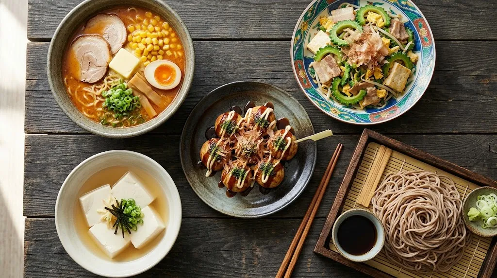 Collage of Japanese regional dishes including Hokkaido ramen and Kyoto tofu