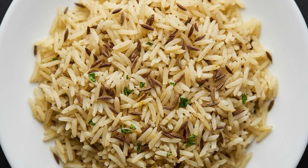 Close up of jeera rice with pale undercooked cumin seeds visible