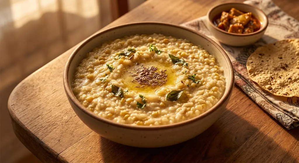 Soft comforting khichdi bowl with melting ghee and cumin tempering