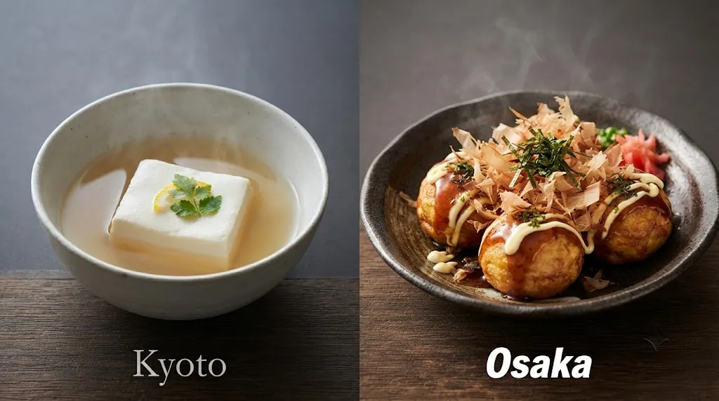 Comparison of refined Kyoto yudofu and Osaka street food takoyaki