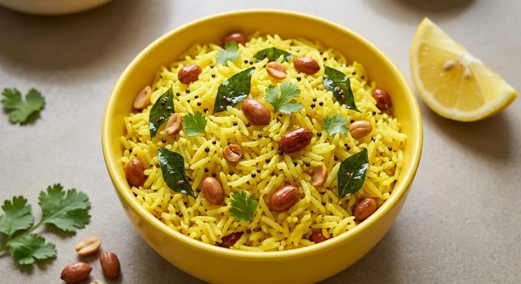 Vibrant yellow lemon rice with mustard seeds curry leaves and peanuts
