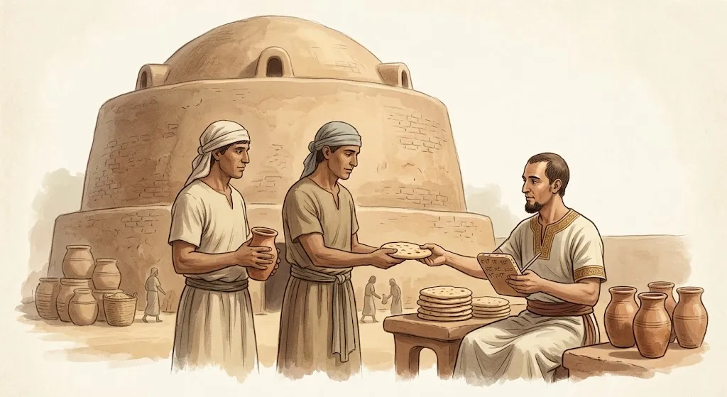 Mesopotamian workers receiving grain rations at a clay granary