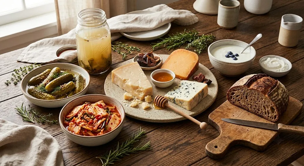 Modern spread of fermented foods including cheese kimchi pickles sourdough and yogurt