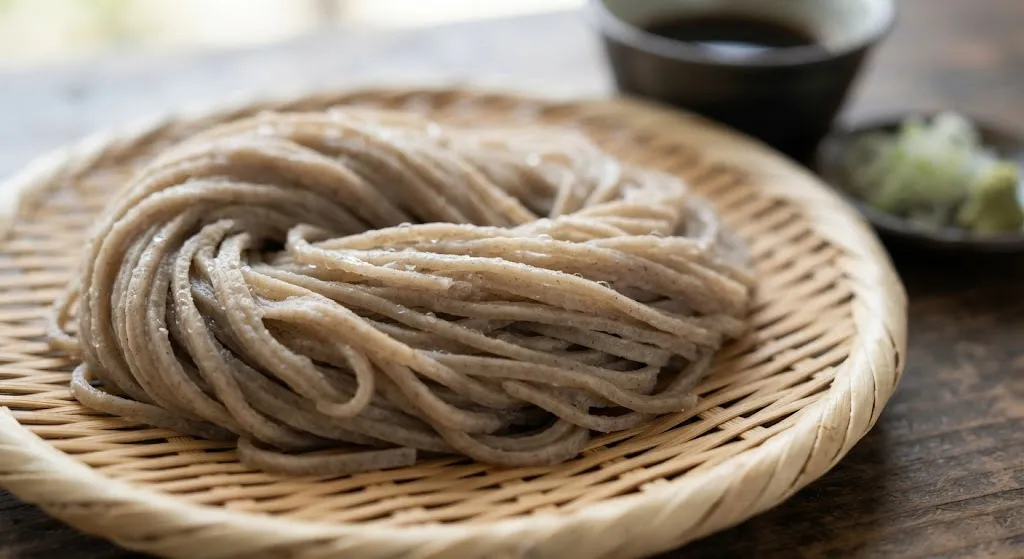Close-up of Nagano soba buckwheat noodles on bamboo basket