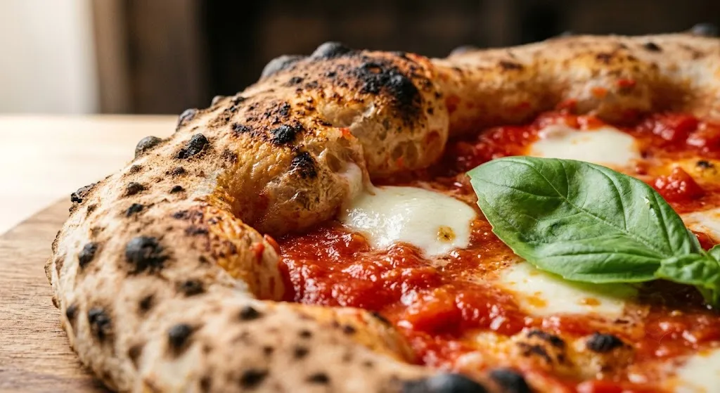 Close-up of Neapolitan pizza crust with leopard-spotting and San Marzano tomato sauce