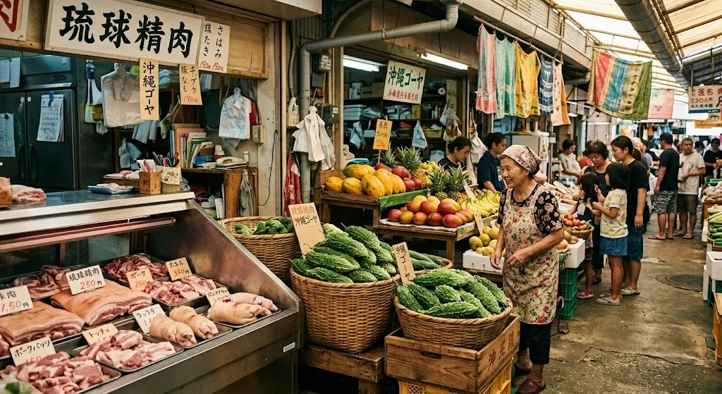 Okinawan market with goya bitter melon and pork visible