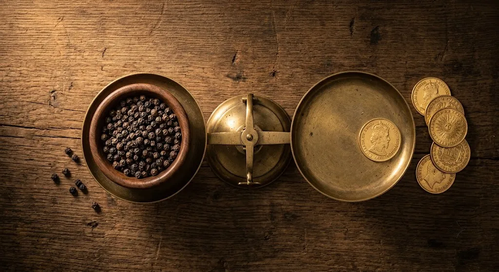 Black peppercorns in a bowl next to gold coins with a scale between them