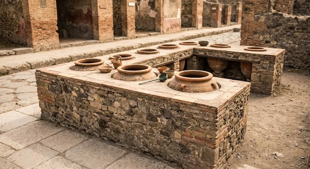 Ancient Roman thermopolium counter with embedded ceramic jars in Pompeii