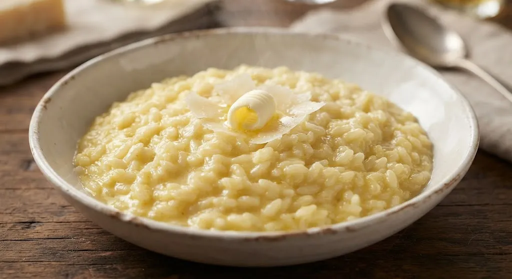 Close-up of creamy risotto Milanese with saffron and butter