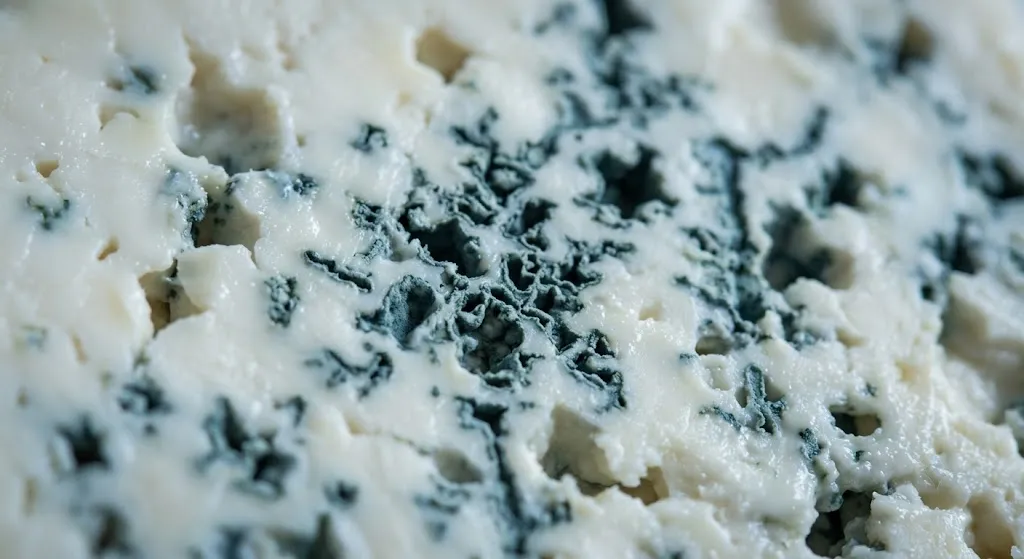 Close-up of Roquefort blue cheese showing Penicillium roqueforti mold veins