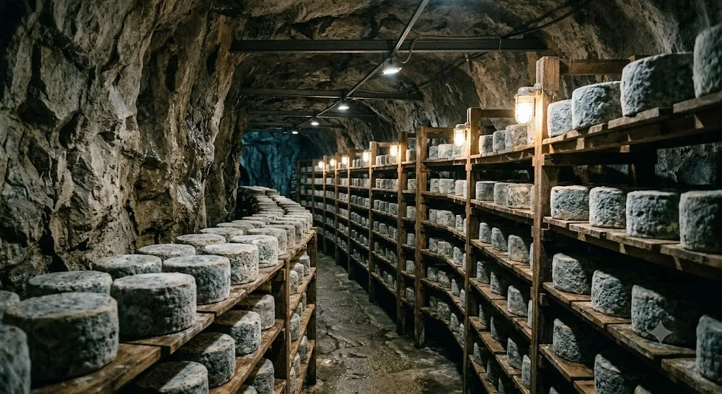 Roquefort cheese wheels aging in Combalou limestone caves France