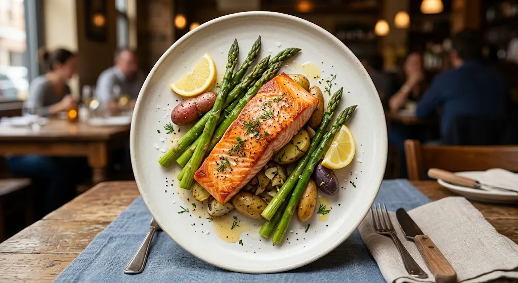Round plate with beautiful natural looking food served comfortably filling the space