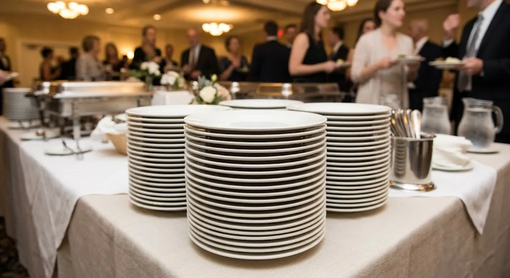 Stack of round white plates on a wedding reception buffet table
