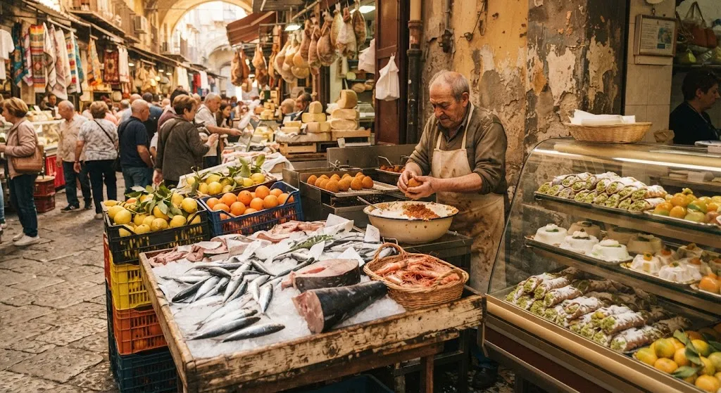 Sicilian food market with seafood citrus and cannoli