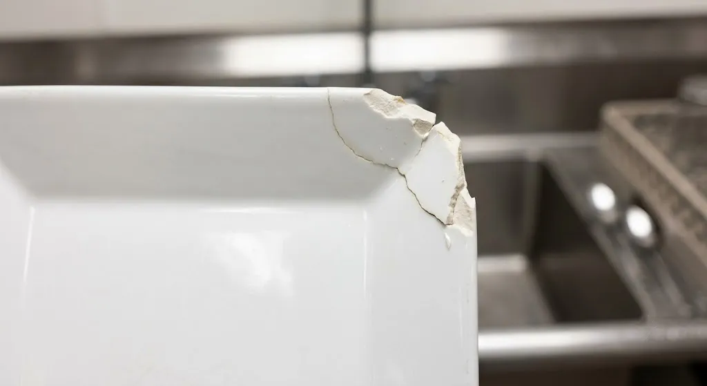 Close up of square plate with chipped and cracked corner