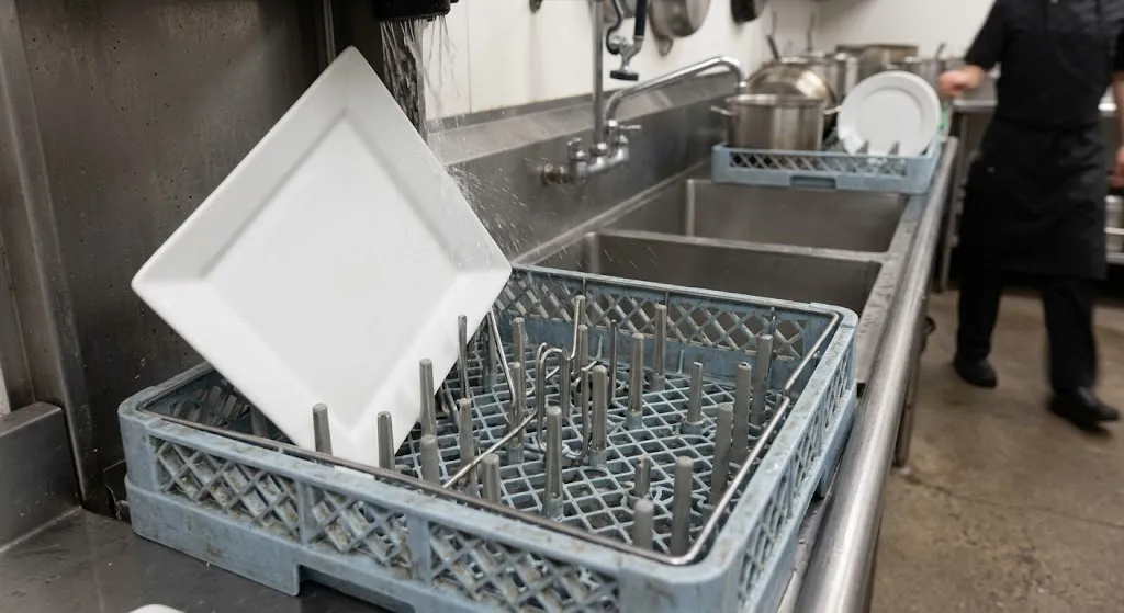 Square plate sitting awkwardly in a commercial round-designed dishwasher rack