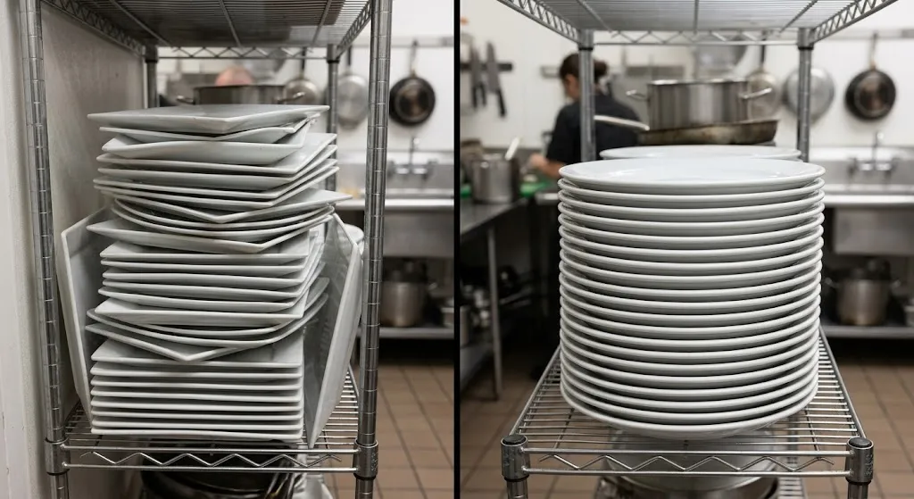 Comparison showing misaligned square plate stack and perfectly nested round plate stack