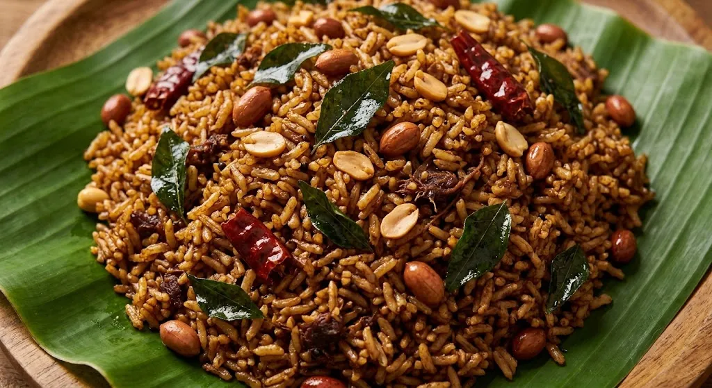 Deep brown red tamarind rice with peanuts curry leaves and dried chilies