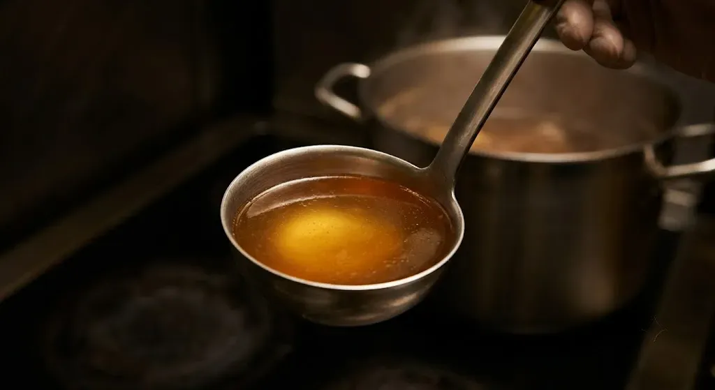 Amber colored tonkotsu broth in a ladle after 24 hours of boiling