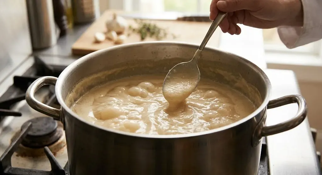 Amber colored tonkotsu broth in a ladle after 24 hours of boiling