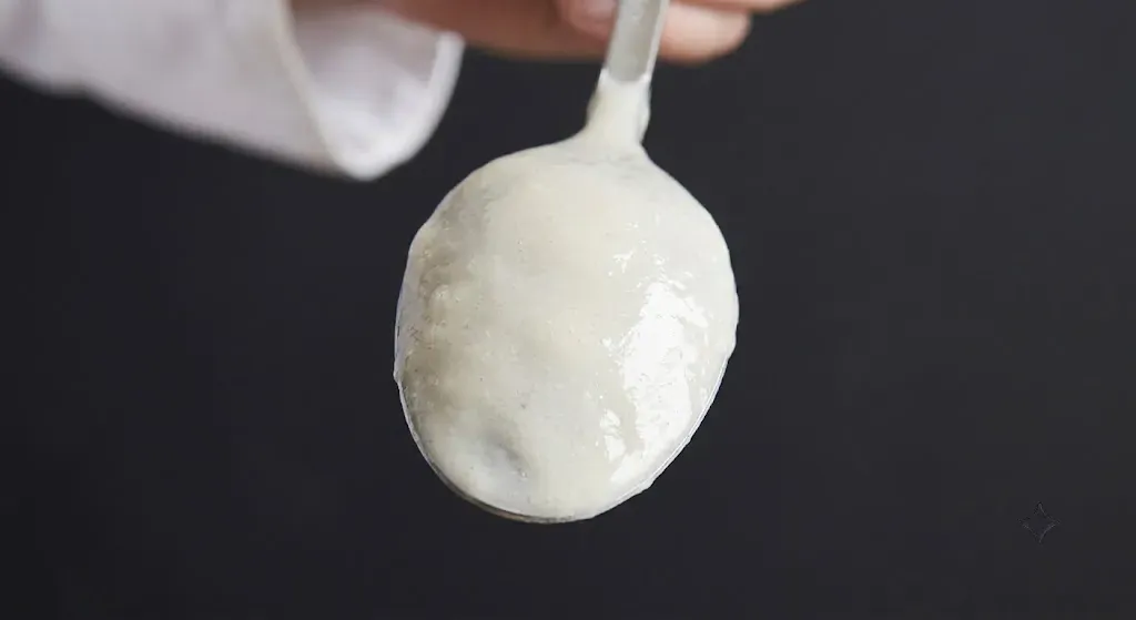 Thick milky white tonkotsu broth coating the back of a spoon