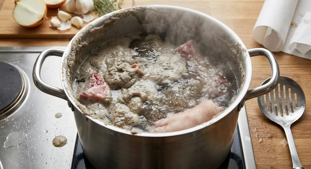 Pork bones boiling with grey foam and impurities rising to the surface