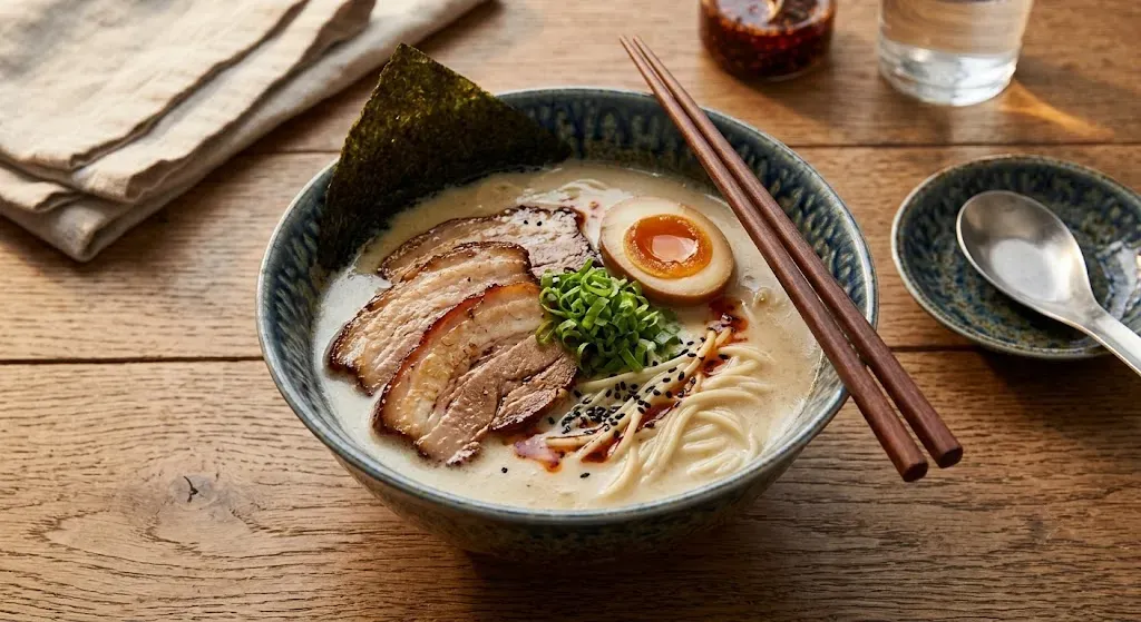 Completed bowl of homemade tonkotsu ramen with chashu pork seasoned egg and green onions