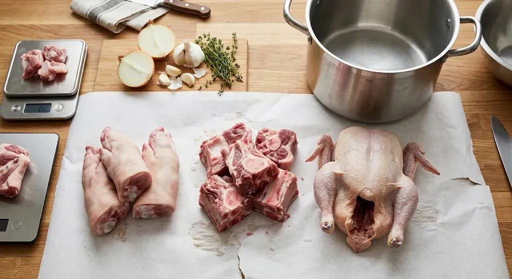 Raw pork trotters neck bones and chicken carcass arranged for homemade tonkotsu ramen broth