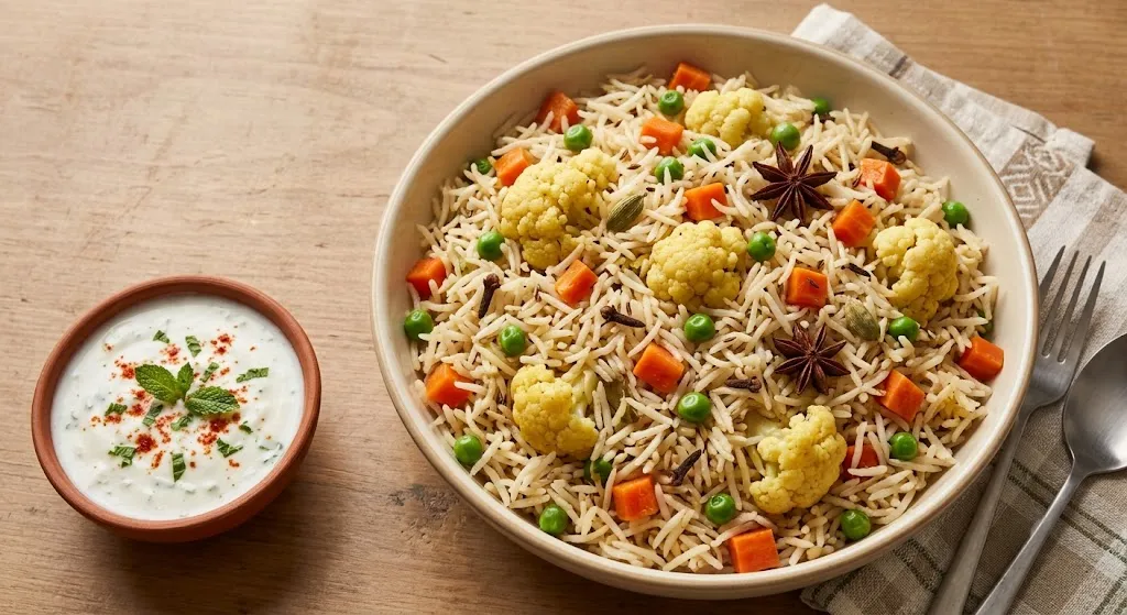 Simple vegetable pulao in a serving bowl with carrots peas and cauliflower